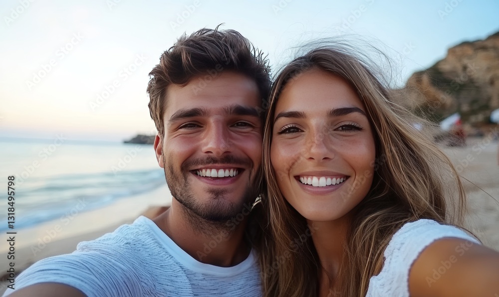 Fototapeta premium Happy Young Couple Taking Selfies on the Beach with Clean Lines and Beautiful Scenery