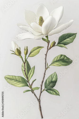 Botanical illustration of white magnolia flower in 19th-century scientific style, featuring a highly detailed flower with green leaves and buds on a plain white background, 