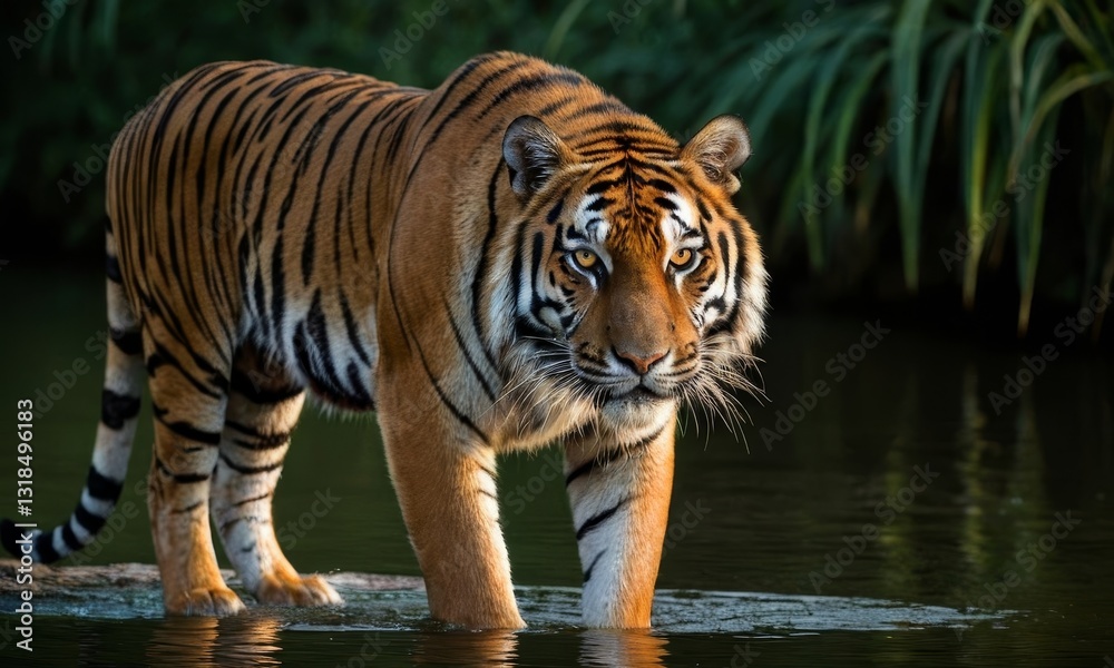 Obraz premium Majestic Bengal Tiger Strolling Through Lush Jungle Riverbed Habitat