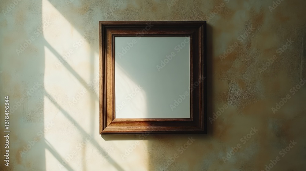 A solitary wooden frame with no picture, placed against a pale beige wall, the focus on the simplicity of the object A solitary wooden frame with no picture, placed against a pale beige wall, the focus on the simplicity of the object