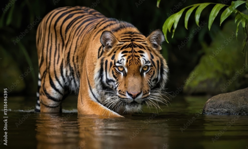 Naklejka premium Majestic Sumatran Tiger Stalking Through Water Habitat Portrait
