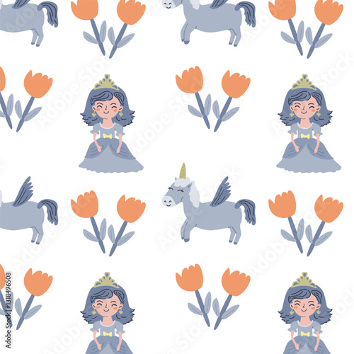 Charming princess and unicorn pattern with floral accents for kids' decoration.