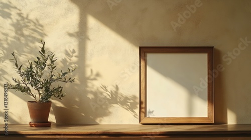 A solitary wooden frame with no picture, placed against a pale beige wall, the focus on the simplicity of the object 