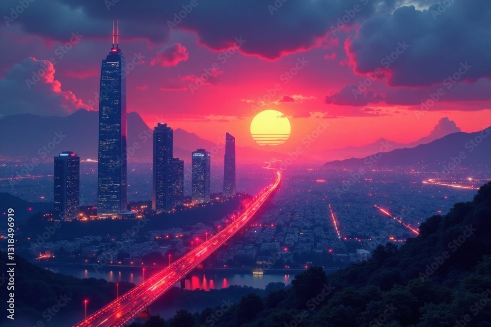 Fototapeta premium Futuristic cityscape at dusk, futuristic, nighttime, cityscape