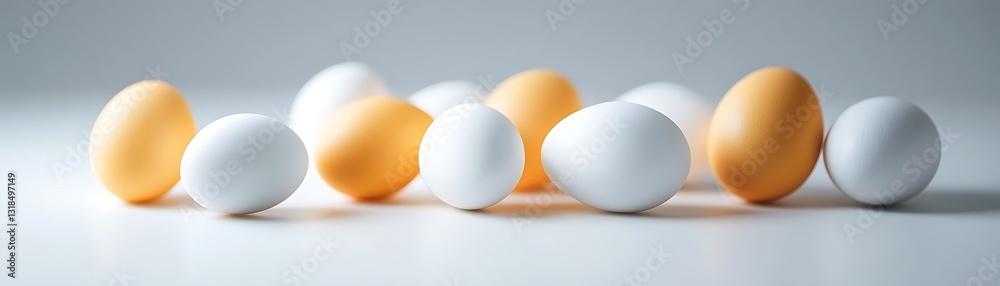 Fresh White and Yellow Eggs Arranged Neatly on a Light Surface with Soft Lighting and Shadows Fresh White and Yellow Eggs Arranged Neatly on a Light Surface with Soft Lighting and Shadows