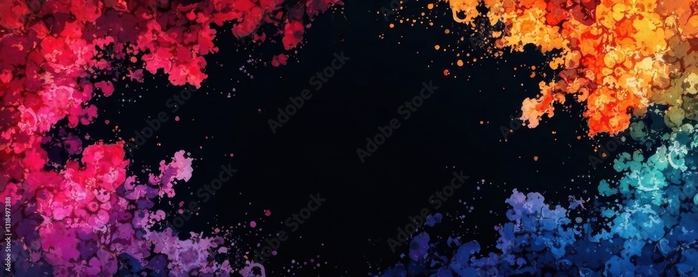 Fototapeta premium Colorful watercolor patterns on black background, modern templates, bright patterns, floral designs