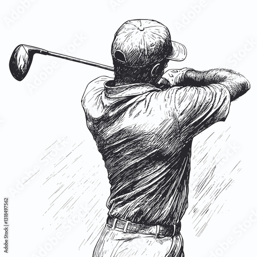 Dynamic sketch of a golfer swinging a club, showcasing skill and concentration in a monochrome style with copy space