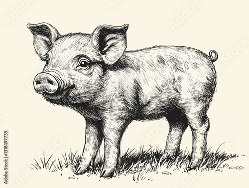 Charming sketch of a piglet standing in grass, showcasing farm life in a detailed monochrome style with copy space