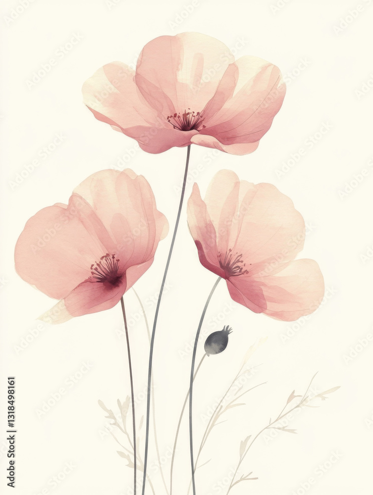 Simple abstract watercolor buttercups with minimal details soft pink petals on a light cream background Simple abstract watercolor buttercups with minimal details soft pink petals on a light cream background