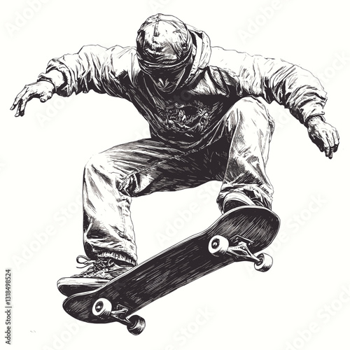 Dynamic sketch of a skateboarder performing a trick in a monochrome style with copy space