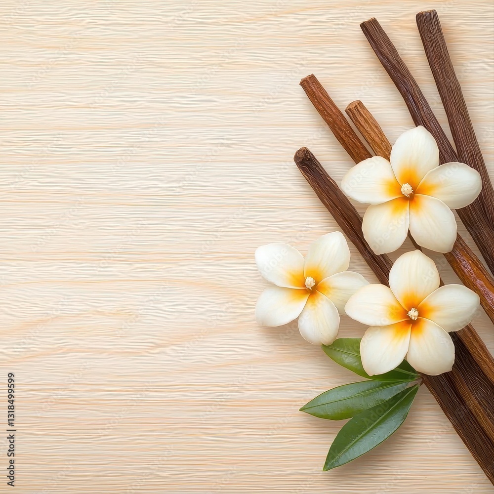 Exquisite arrangement of vanilla sticks and delicate vanilla flowers beautifully presented on wooden table background Exquisite arrangement of vanilla sticks and delicate vanilla flowers beautifully presented on wooden table background