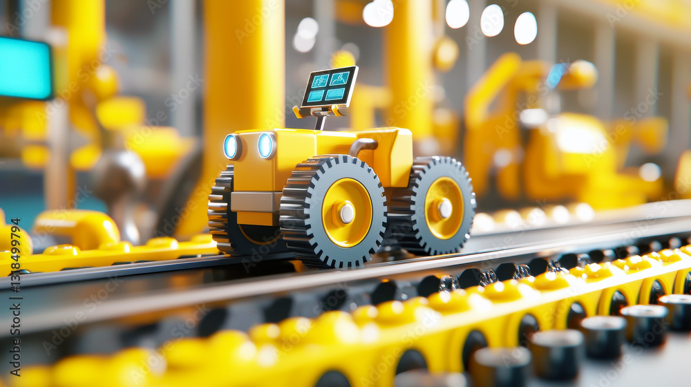 Fototapeta premium Vibrant Toy Construction Vehicle on a Factory Assembly Line
