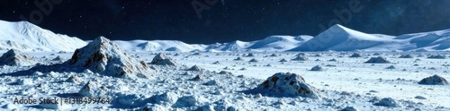 Glaciated moon surface with craters and lunar rocks , barren, snowy