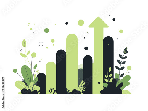 Bar graph with upward trend surrounded by greenery representing growth and development in a modern design with copy space
