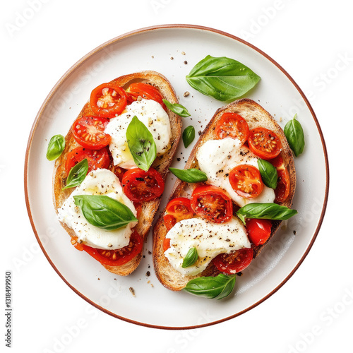 Wallpaper Mural Two Bruschetta Toasts with Mozzarella, Cherry Tomatoes, and Basil on Plate, Studio Shot Torontodigital.ca
