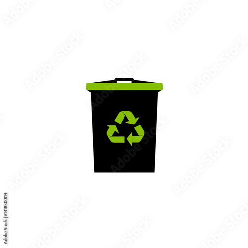 Recycling bin with a green lid and recycling symbol in a minimalist style with copy space