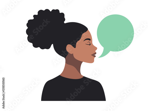 Profile of a woman with a speech bubble representing conversation in a modern design with copy space