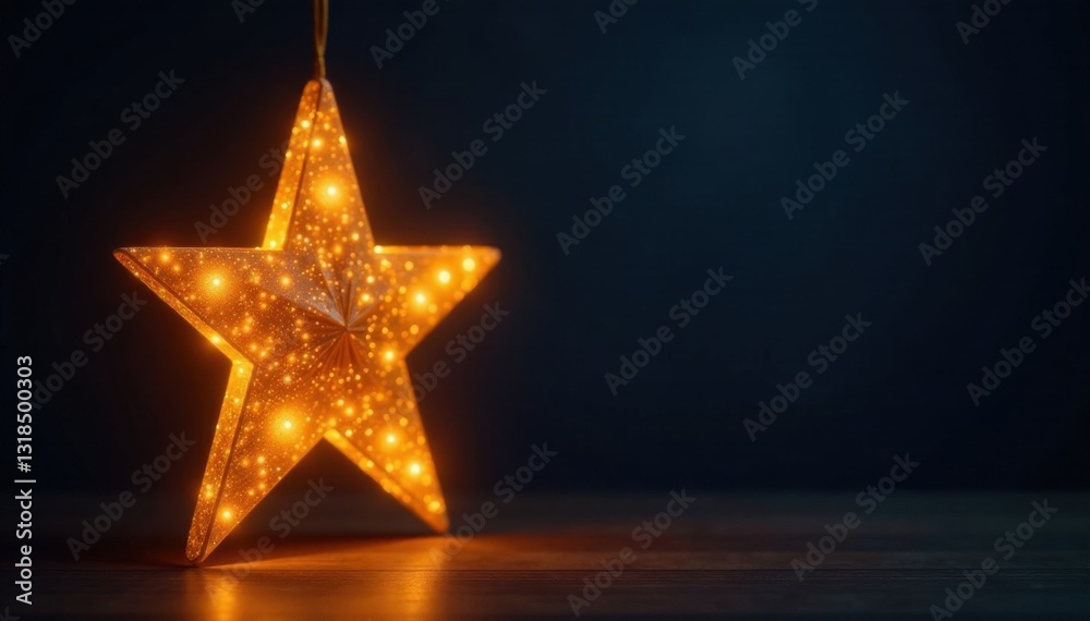 Glowing golden star hanging from the ceiling against a dark room background, glowing star, ambient lighting
