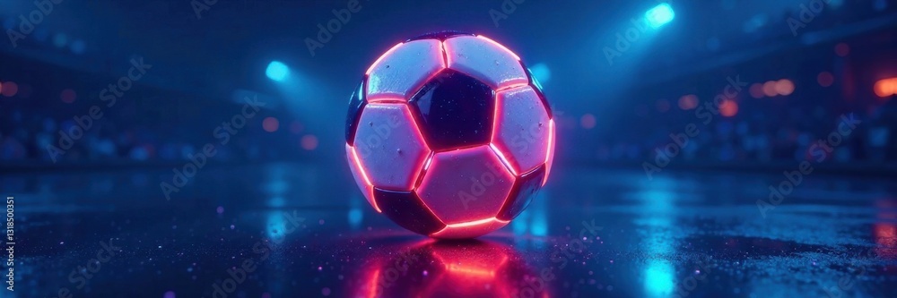 Naklejka premium Glowing neon soccer ball suspended in mid-air, surrounded by vibrant blue hues, illuminated, sport