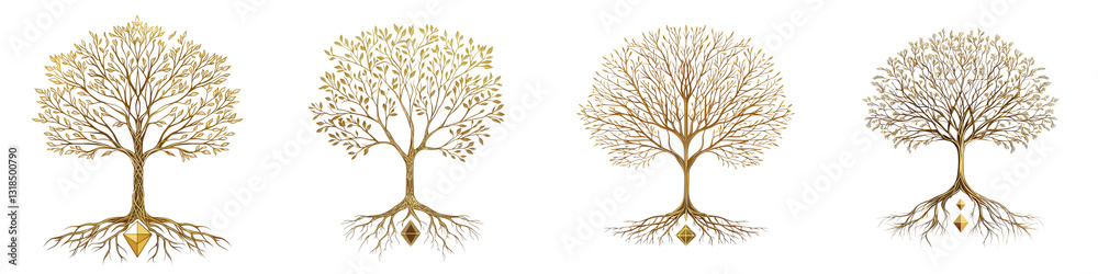 Naklejka premium Elegant golden trees with roots in various seasonal styles and abstract designs Stylized silhouettes patterns and representing the growth life cycle and natural beauty of trees