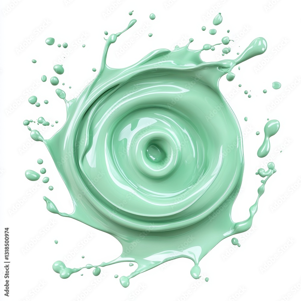 Fototapeta premium Bright mint chocolate splash forming an abstract spiral shape, glossy texture, isolated on a bright white background