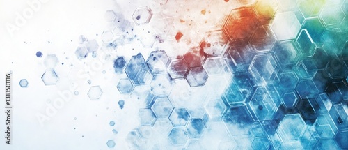 Abstract hexagonal pattern in cool blues and warm oranges.  A digital art piece with a watercolor effect, perfect for tech or science concepts.