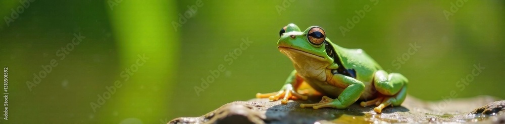 Fototapeta premium Green frog with closed eyes basking in sunlight, wildlife, amphibians, leaves
