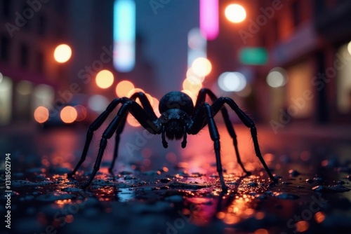 Dark silhouette of a spider against bright city lights, nighttime, insect, arachnid