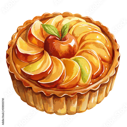 Watercolor Caramel Apple Tart with Golden Crust and Caramelized Apples. Perfect for: Thanksgiving, Christmas, autumn festivals, bakery promotions
