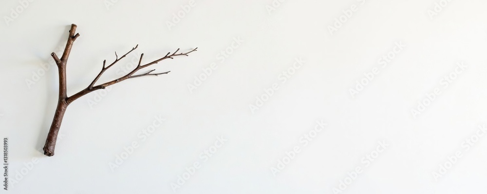 Single curved branch hanging from a hook on white wall, modern, minimalist, elegant Single curved branch hanging from a hook on white wall, modern, minimalist, elegant