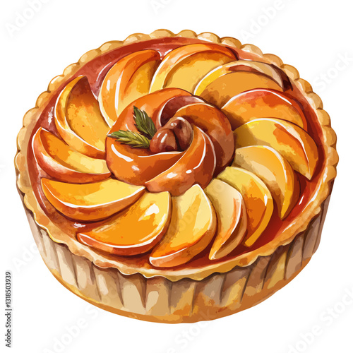 Watercolor Caramel Apple Tart with Golden Crust and Caramelized Apples. Perfect for: Thanksgiving, Christmas, autumn festivals, bakery promotions