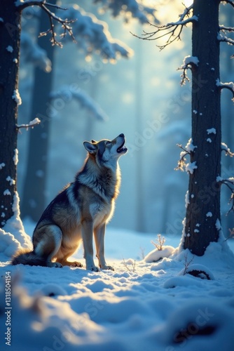 Howling wolves in a snowy forest, cold climate, whiteout, wolves