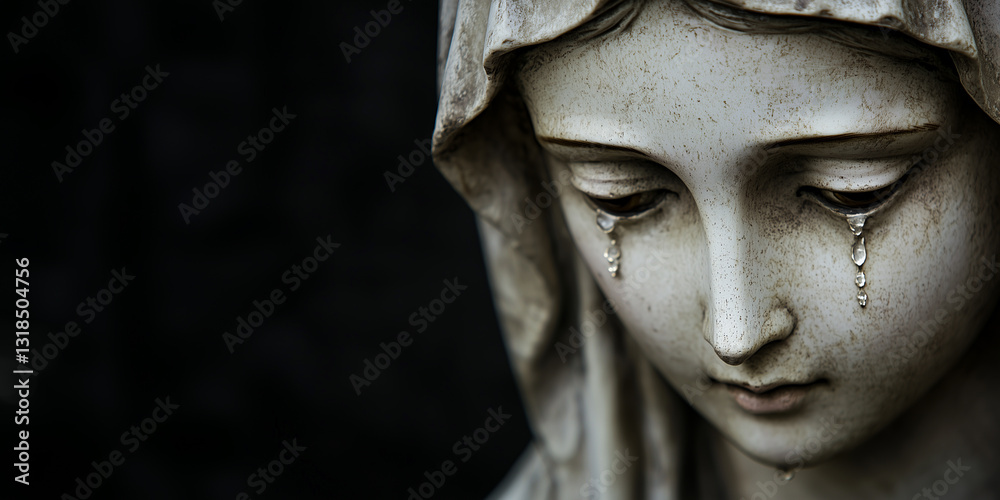 Obraz premium a statue depicting Mary. The statue of Mary presents a deep sorrow, her downcast eyes glistening with tears, and the crystalline teardrops sliding down her cheeks. black bakcground