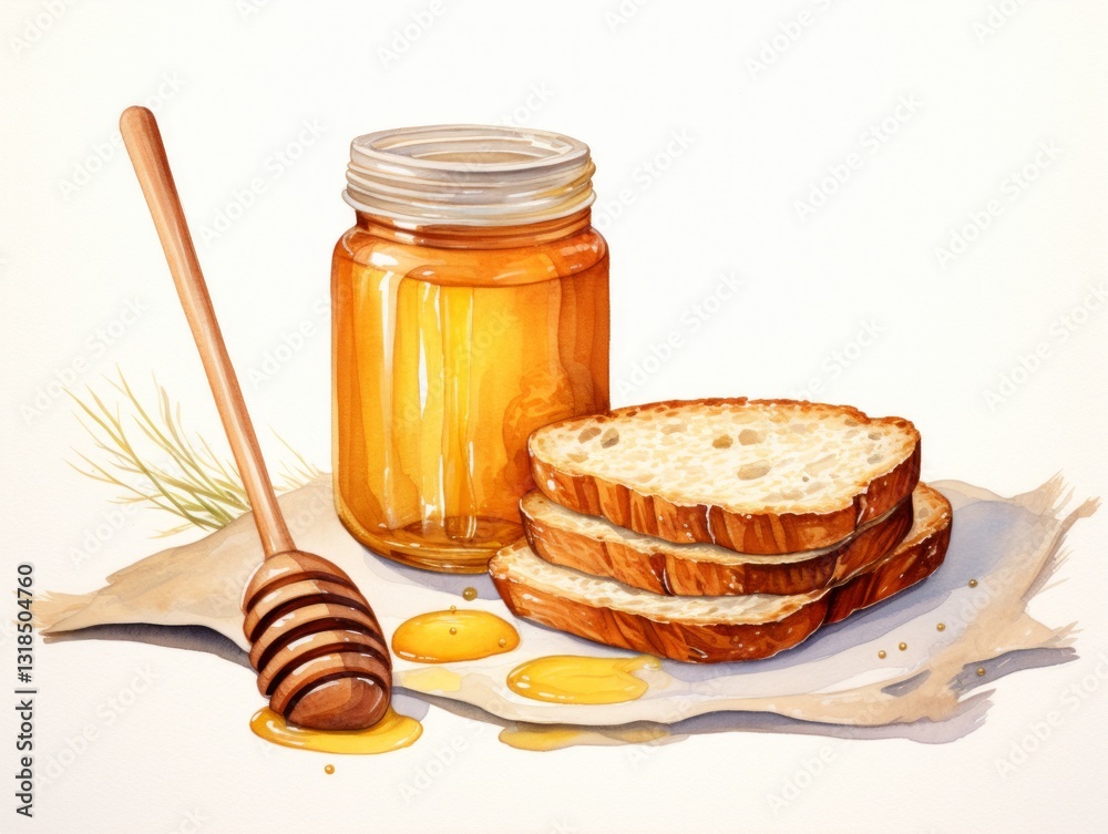 Jar of Honey with Wooden Dipper and Bread on White Background Jar of Honey with Wooden Dipper and Bread on White Background