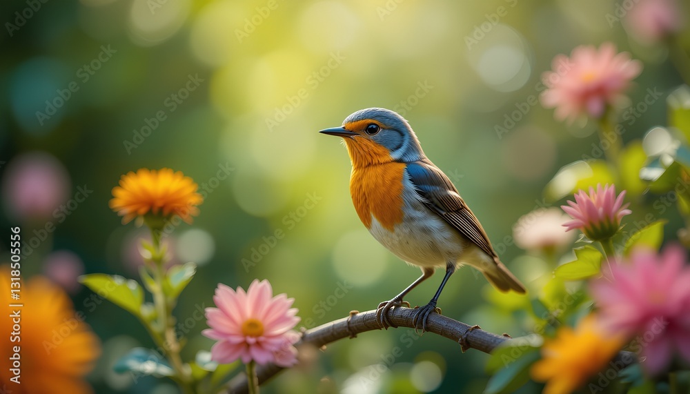 Fototapeta premium Close-Up Of Erithacus Rubecula Bird standing on tree branch