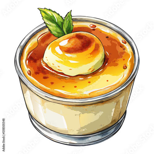 Watercolor Madagascar Vanilla Crème Brûlée with Caramelized Sugar. Perfect for: French dessert menus, gourmet bakery promotions, fine dining advertisements