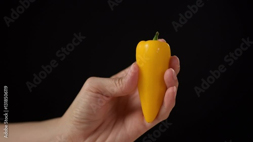 Hand holding a bright yellow pepper kitchen setting food minimalist background close-up view fresh ingredients concept for culinary art