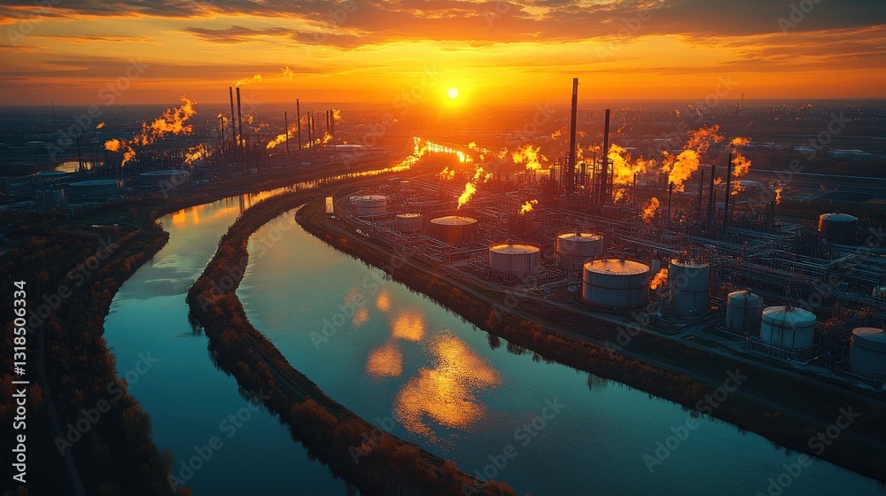 Fototapeta premium Sunset over industrial landscape with smokestacks and river reflecting golden hues