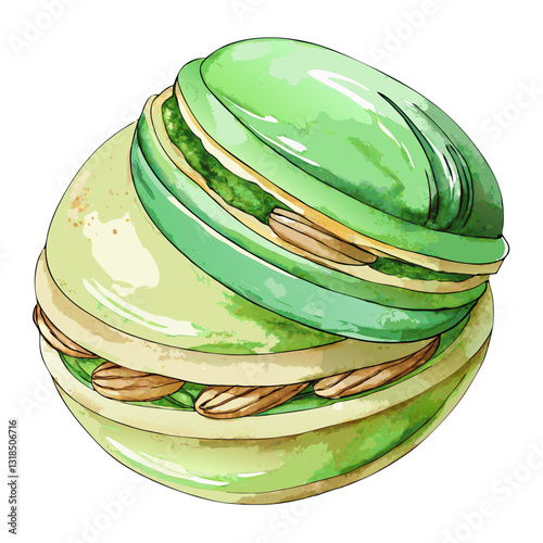 Watercolor Pistachio Macaron with Delicate Green Shell. Perfect for: French bakery marketing, wedding dessert tables, premium sweet treats