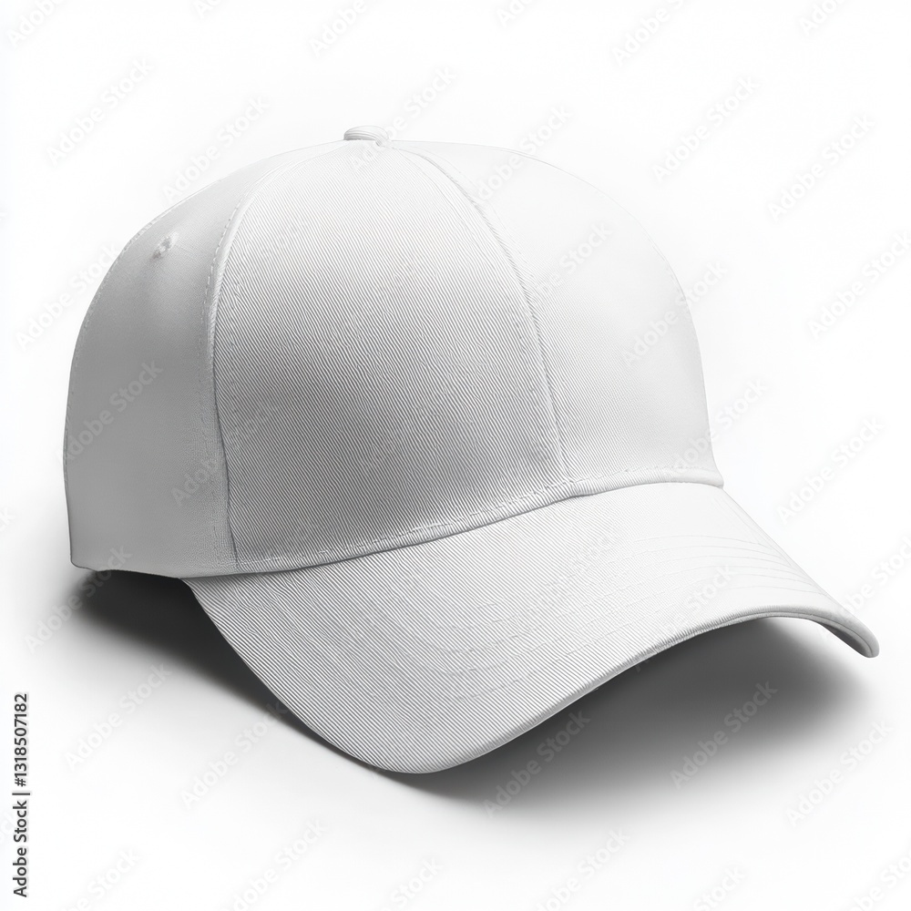 Close-up of a white baseball cap on white background. Studio shot, blank, apparel, fashion, clothing. Close-up of a white baseball cap on white background. Studio shot, blank, apparel, fashion, clothing.