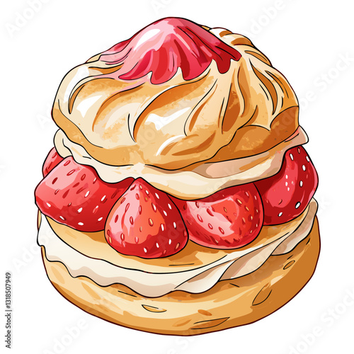 Watercolor Strawberry Cream Puff with Fluffy Filling. Perfect for: French pastry shop branding, afternoon tea menus, elegant dessert marketing