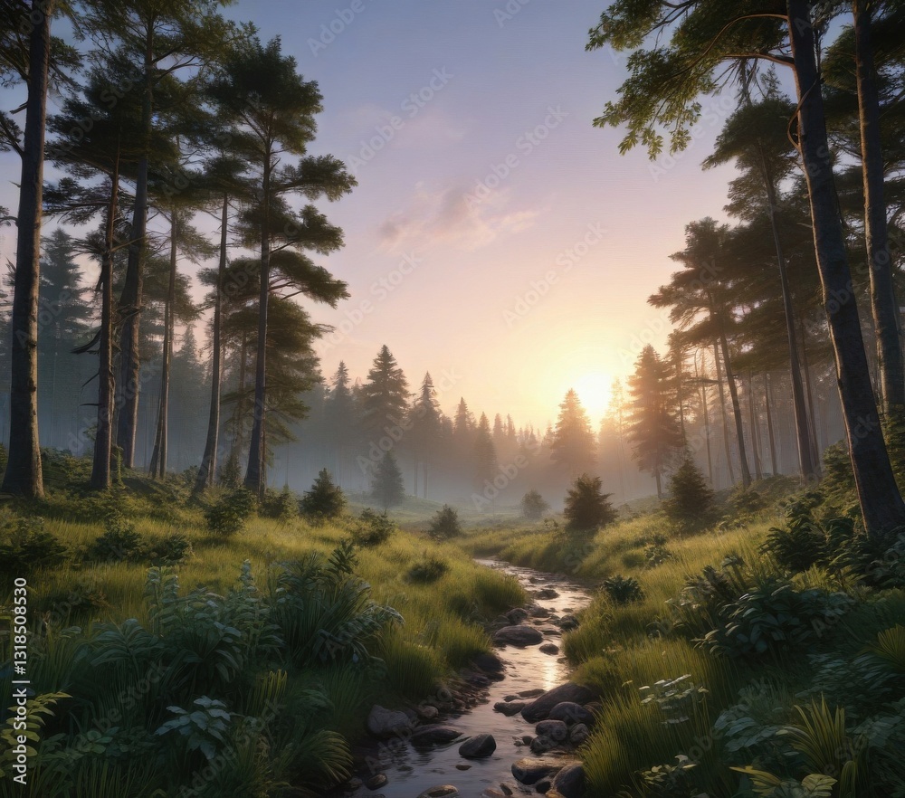 Obraz premium Lush forest landscape at dusk, trees silhouetted, sunset, nature