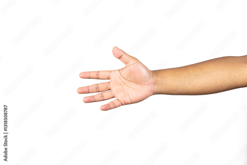 Male hands extended forward to shake hands or grab something on white background business concept Male hands extended forward to shake hands or grab something on white background business concept