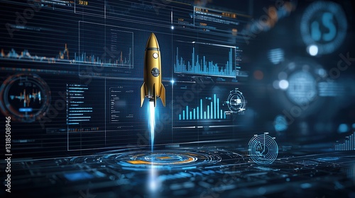 Futuristic investment and business themed digital artwork showcasing a rocket launch against a backdrop of financial charts graphs and data analytics dashboards
