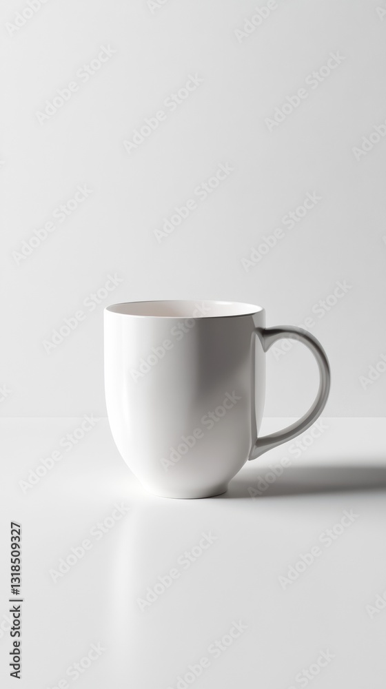 Eye-level, Full Shot of White Mug on White Surface - Minimalist, Coffee, Tea, Beverage, Ceramic, Drinkware, Clean, Simple, Modern, Studio Shot Eye-level, Full Shot of White Mug on White Surface - Minimalist, Coffee, Tea, Beverage, Ceramic, Drinkware, Clean, Simple, Modern, Studio Shot
