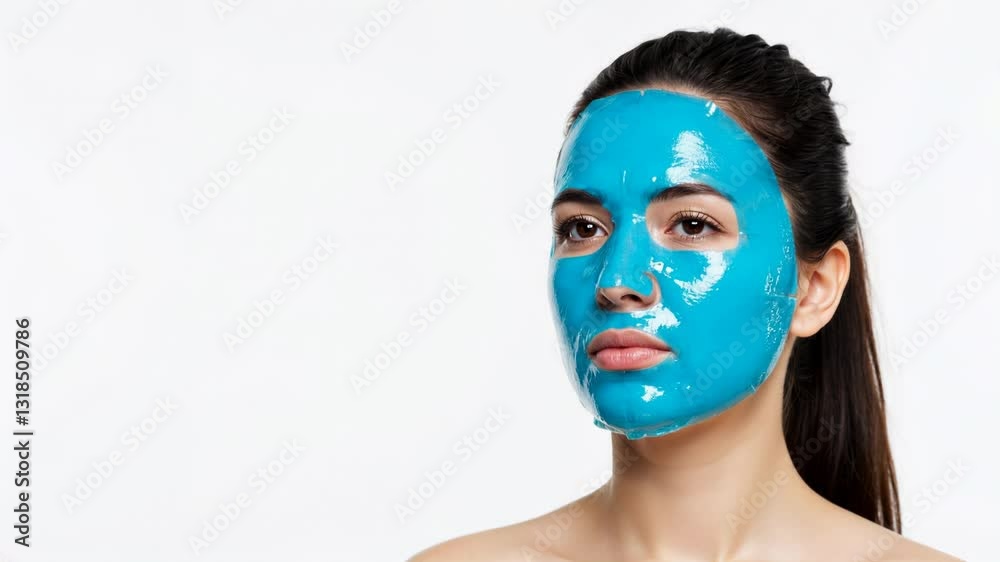 Woman with blue hydrating face mask and slicked back hair against white background. Beauty skincare treatment with gel mask application. Spa therapy concept. Horizontal video Woman with blue hydrating face mask and slicked back hair against white background. Beauty skincare treatment with gel mask application. Spa therapy concept. Horizontal video