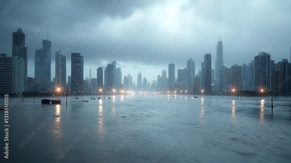Fototapeta premium Cinematic vision of a destroyed abandoned cityscape under ominous storm clouds and a dark dramatic night sky The reflection of the partially submerged
