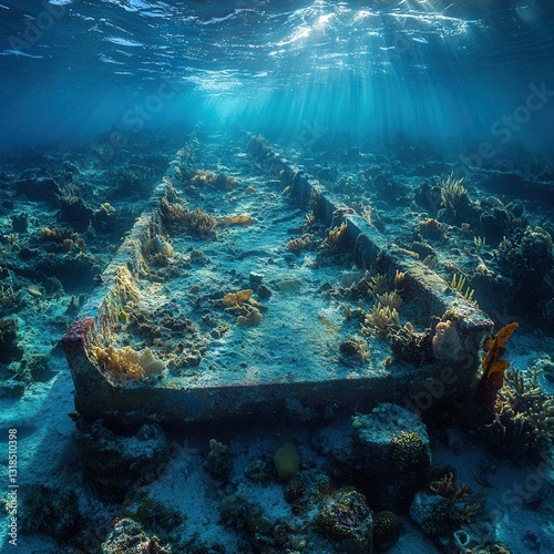 Captivating underwater seascape showcasing a scattered array of marine debris amid a coral reef with vibrant sunlight rays penetrating the tranquil blue waters