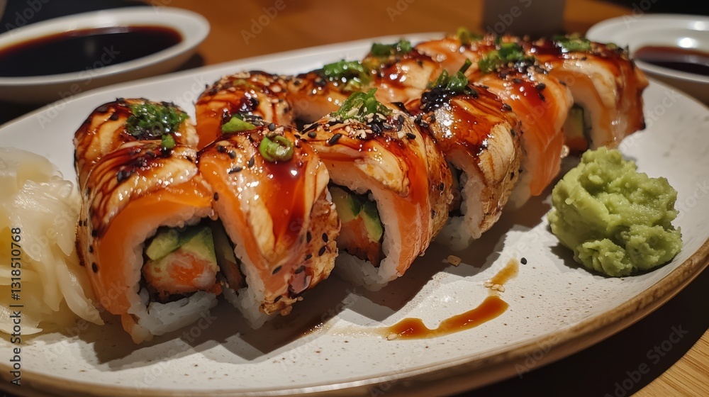 A plate of sushi rolls artfully arranged with wasabi, pickled ginger, and soy sauce on the side A plate of sushi rolls artfully arranged with wasabi, pickled ginger, and soy sauce on the side