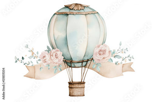 Wallpaper Mural Colorful hot air balloon with pastel flowers and a decorative banner in a whimsical design Torontodigital.ca